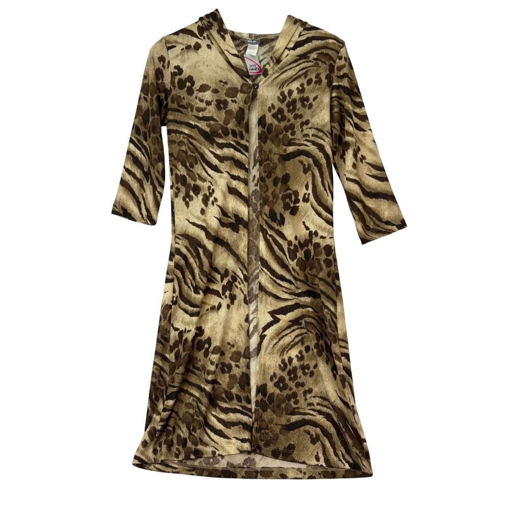 Rave Brown Mixed Animal Print Hooded Longline Cardigan Women L‎ Y2K Grunge Indie